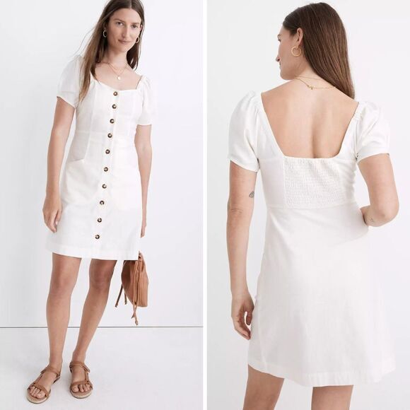NEW Madewell Linen-Cotton Puff-Sleeve Mini Dress,‎ lighthouse, 16 - Picture 1 of 16
